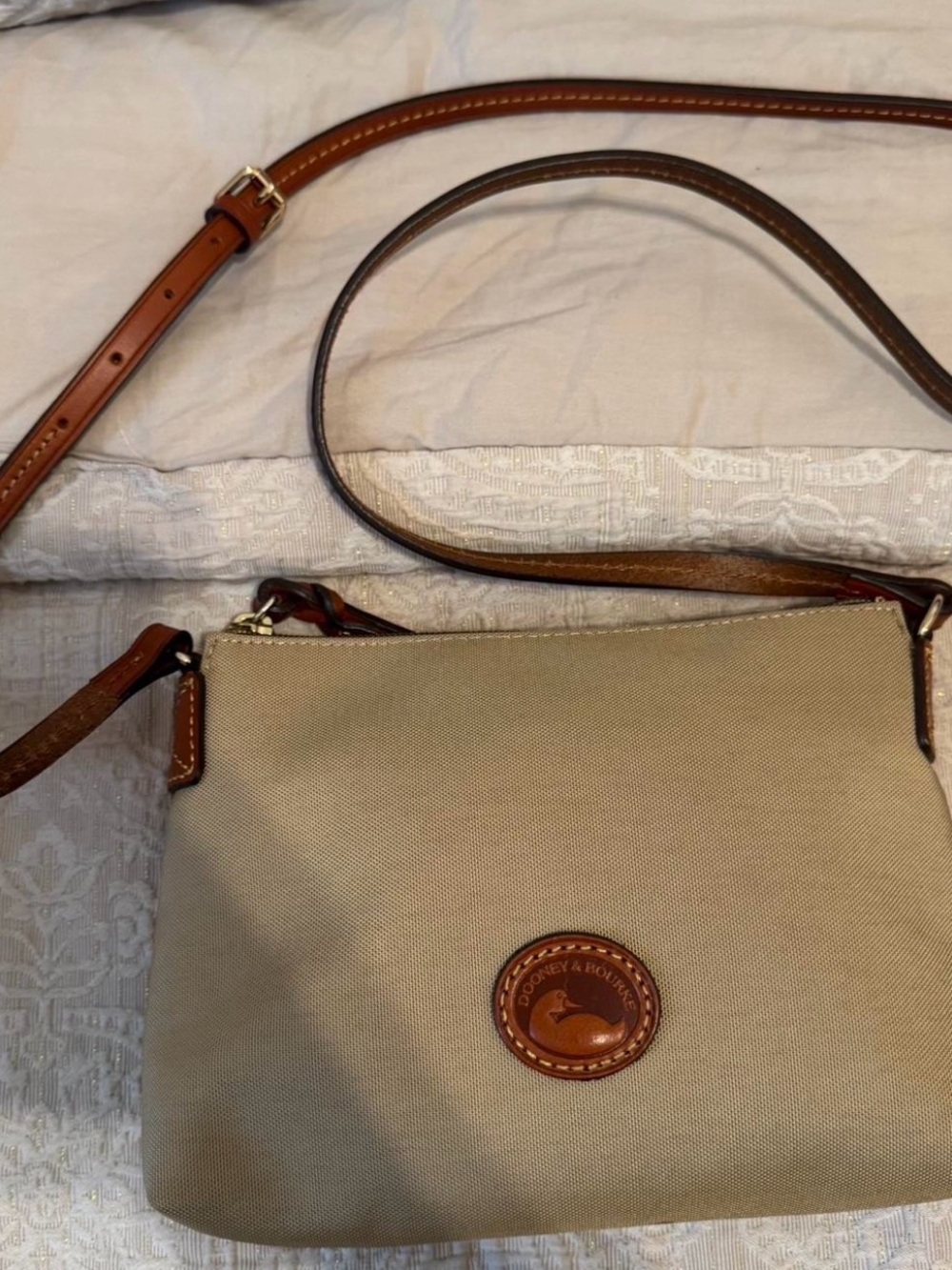 Dooney & Bourke Beige Canvas Crossbody with Brown Leather Trim